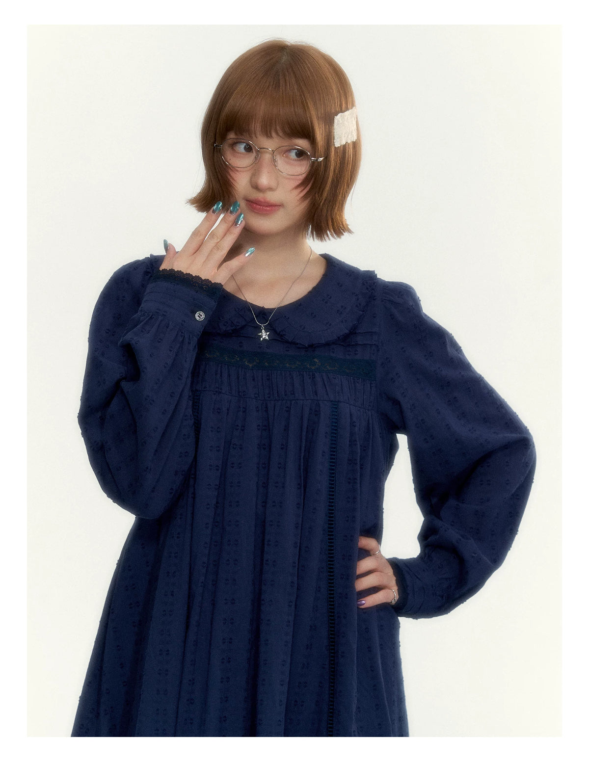 “Vintage Ribbon” Navy Peter Pan Collar Lace-Trimmed A-Line Dress