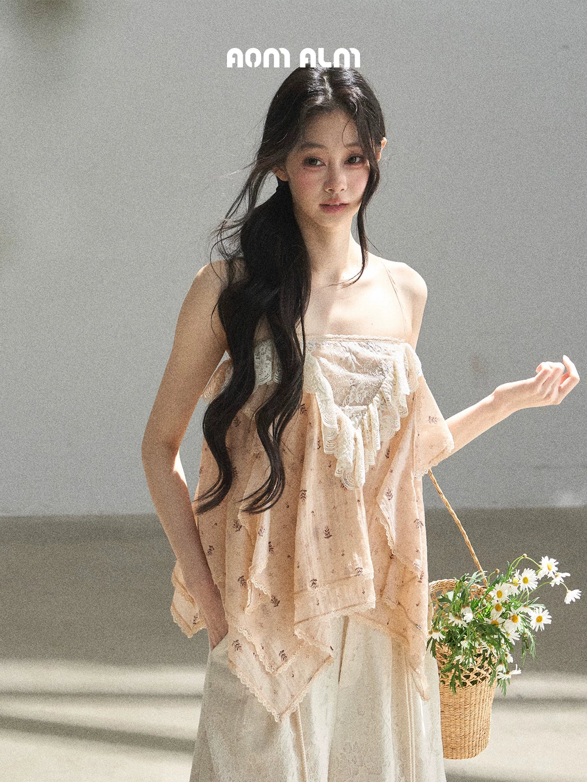 "Orange-Scented Dusk" Toasted Rice Beige Asymmetrical Lace Cami