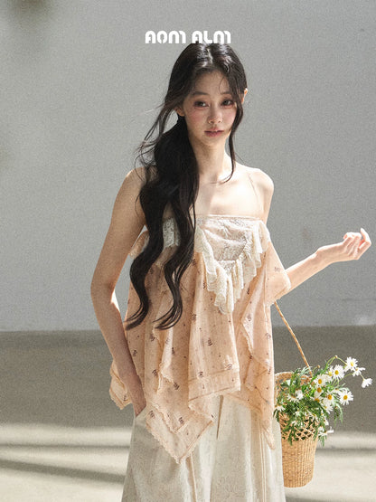 "Orange-Scented Dusk" Toasted Rice Beige Asymmetrical Lace Cami