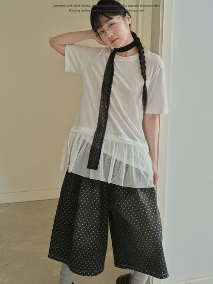 "Dot Veil" Polka Dot Mesh Panel T-Shirt (White / Gray)