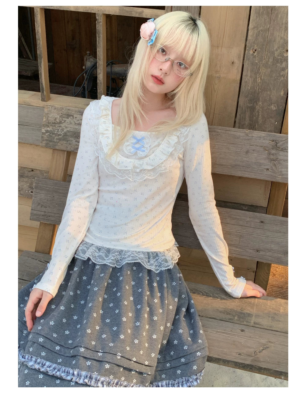 RF - Gray Floral Pinafore Top and Plaid Ruffle Skirt Set