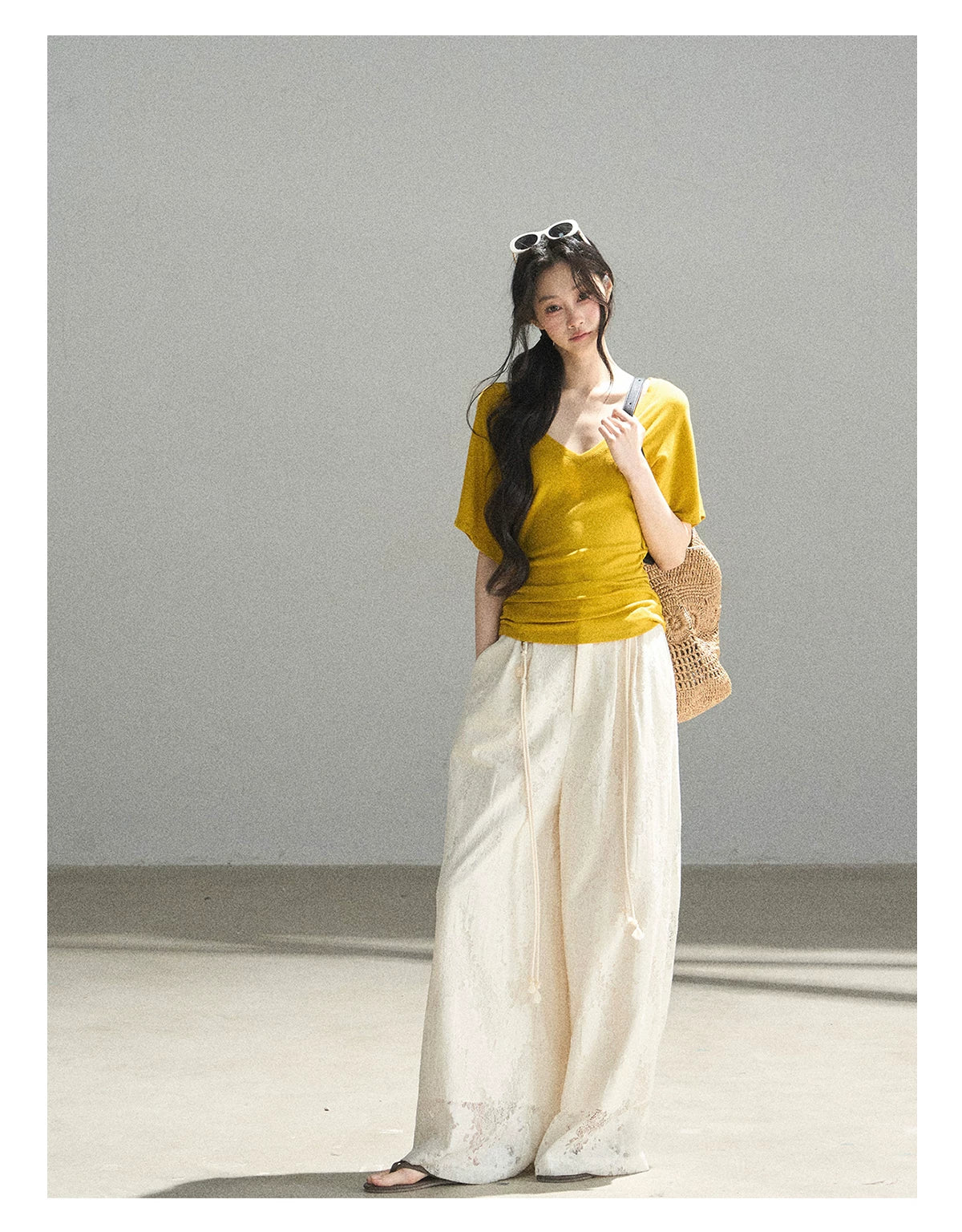 "The First Ray of Sunshine" V-Neck Crop Tee (Ginger Yellow. Creamy Apricot White)