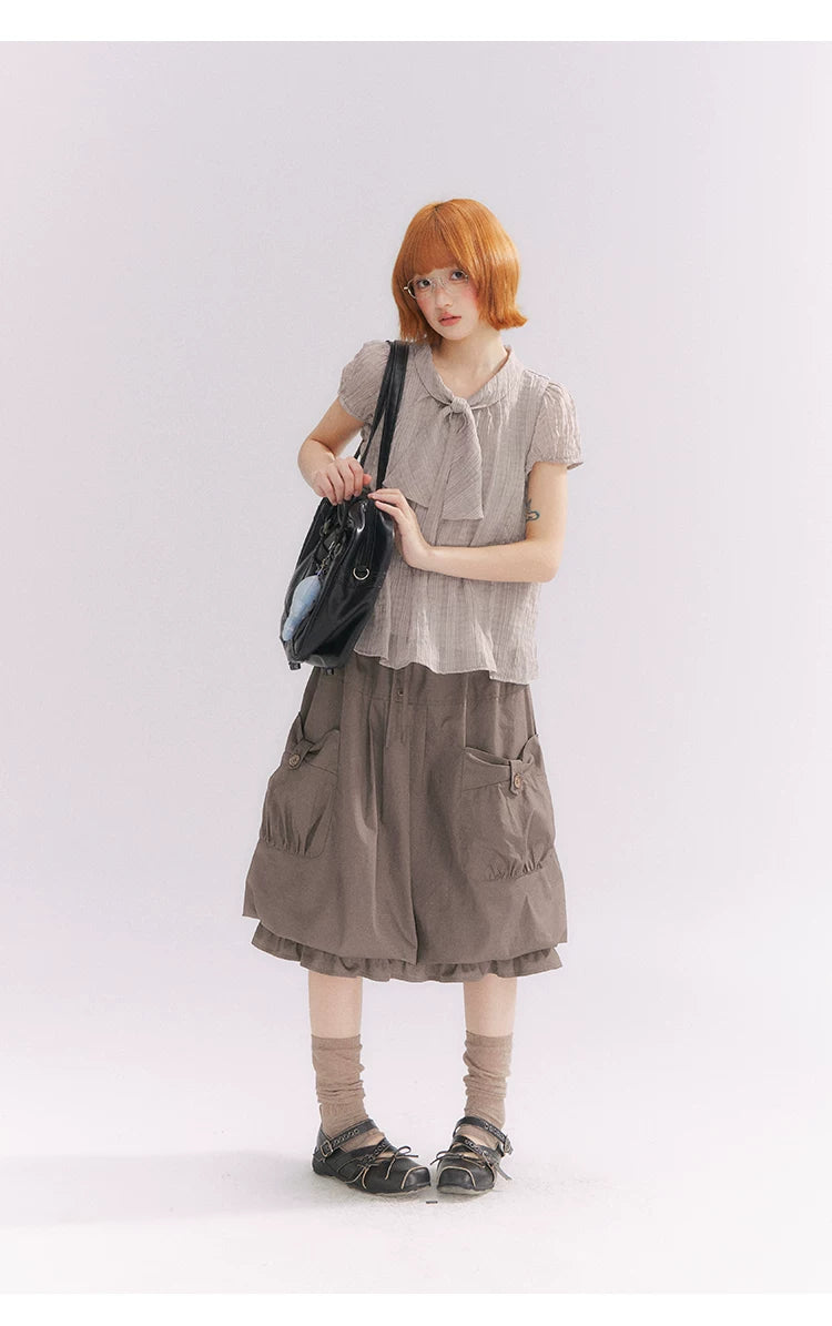 “Formatted Memories” Gray Plaid Textured Bow Tie Puff Sleeve Blouse