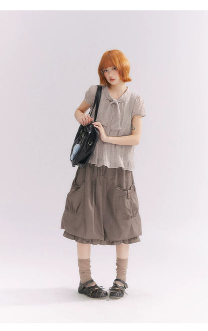 “Formatted Memories” Gray Plaid Textured Bow Tie Puff Sleeve Blouse