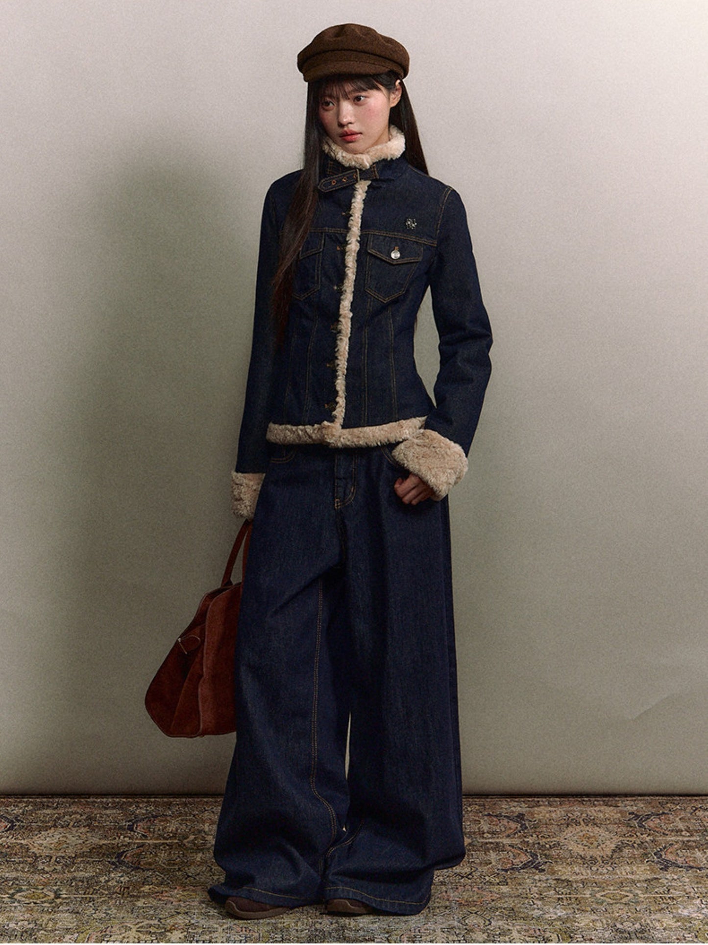Soote Season - "Raw Denim Muse" Cinched Waist Fur-Trim Denim Down Jacket