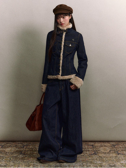 Soote Season - "Raw Denim Muse" Cinched Waist Fur-Trim Denim Down Jacket
