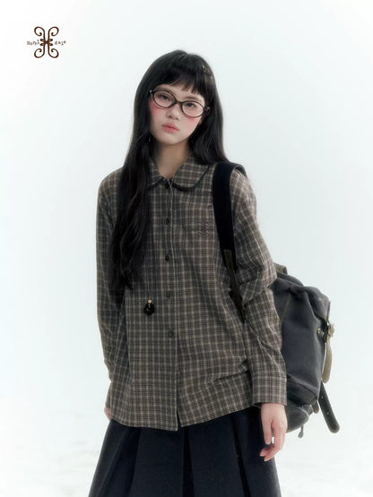 Horridale - Brown Khaki Plaid Embroidered Peter Pan Collar Shirt