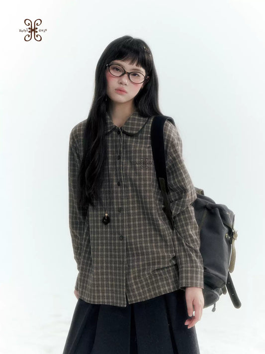 Horridale - Brown Khaki Plaid Embroidered Peter Pan Collar Shirt
