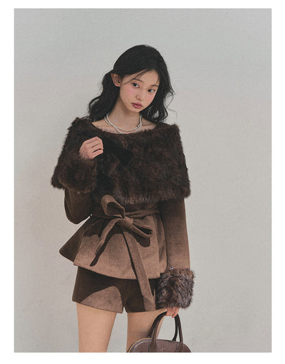 少也眼 “Drifting Through Her Dreams” – Winter Luxe Three-Piece Cape Set - Chestnut Brown 8746513