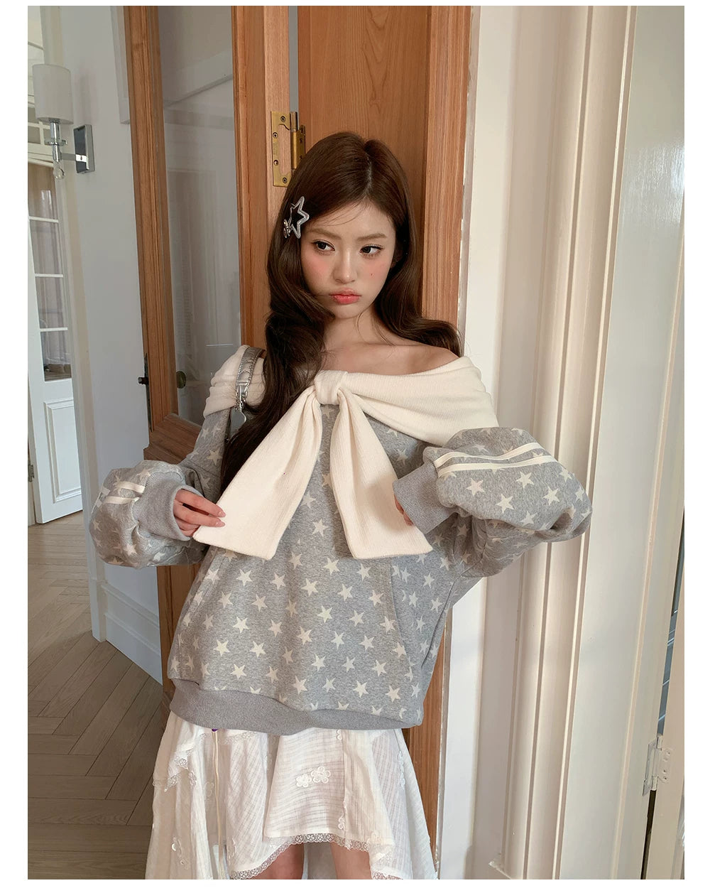“Starlit Ribbon Reverie” Grey Off-Shoulder Hoodie