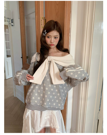 “Starlit Ribbon Reverie” Grey Off-Shoulder Hoodie
