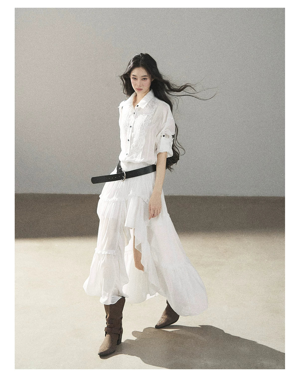 AOMALM - “Her Hemline” White Lace Shirt Dress with Belt