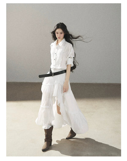 AOMALM - “Her Hemline” White Lace Shirt Dress with Belt