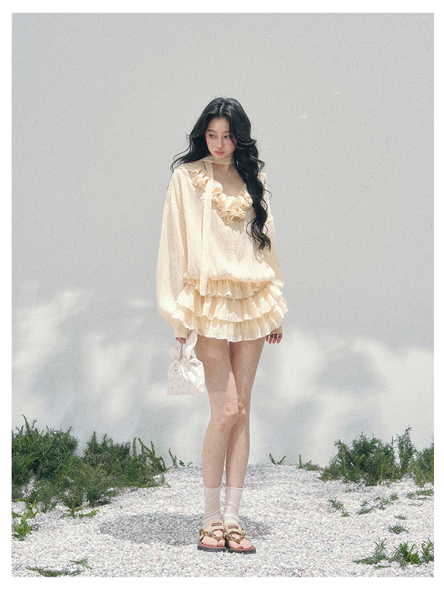 少也眼 “Evening Breeze Skirt” Milkshake Yellow Tiered Chiffon Mini Dress with Scarf Tie & Shorts 534583