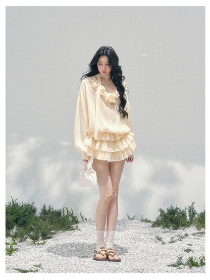 少也眼 “Evening Breeze Skirt” Milkshake Yellow Tiered Chiffon Mini Dress with Scarf Tie & Shorts 534583