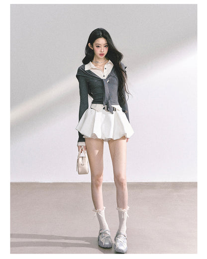 少也眼 "London Art Student" Layered Polo Long Sleeve Crop Tee
