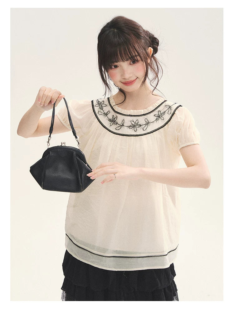 "Toasted Cookie" Yellow Flower Rope Embroidery Babydoll Top