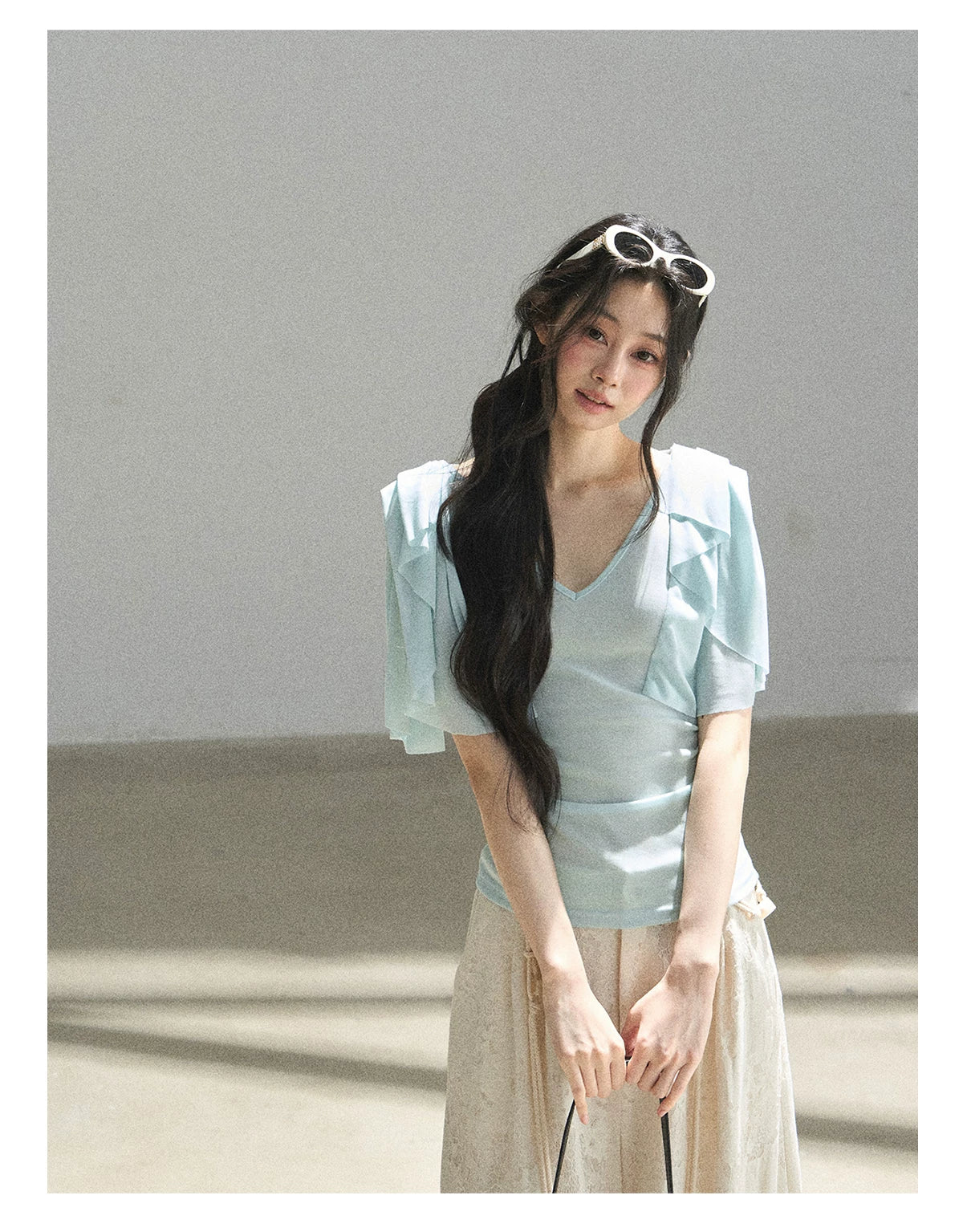 "Where Clouds Fall" Ruffle Sleeve V-Neck Crop Top (Forest Green/ Sage Gray/ Misty Blue/ Cinnamon Pink)