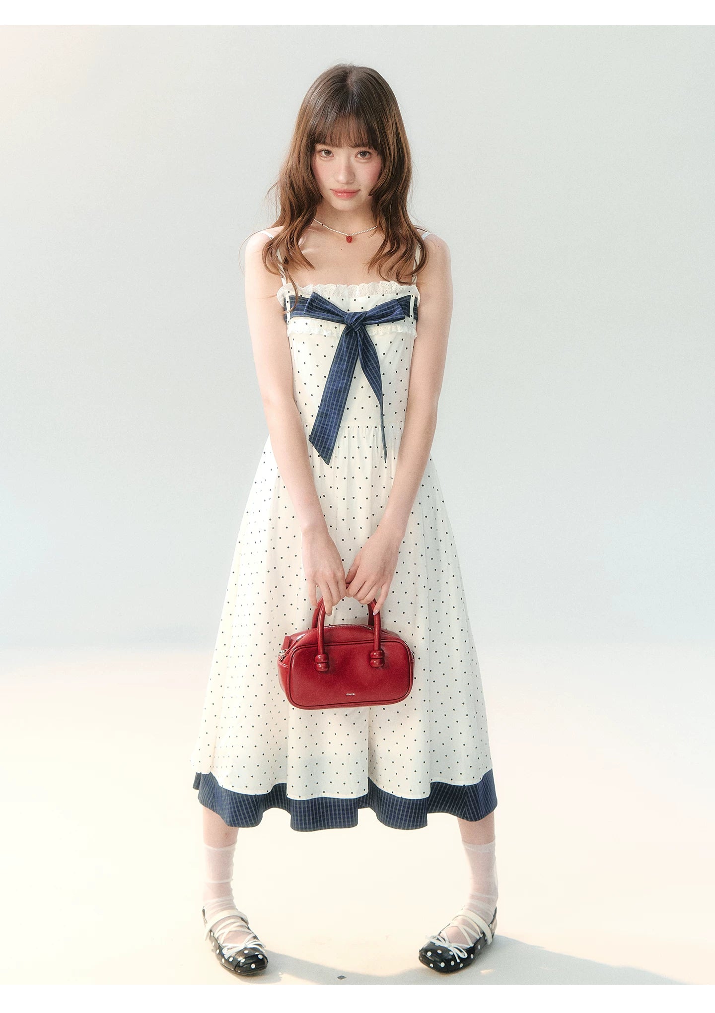 "Soft Mist Cream Puff" White Polka Dot Cami Dress LL2026207