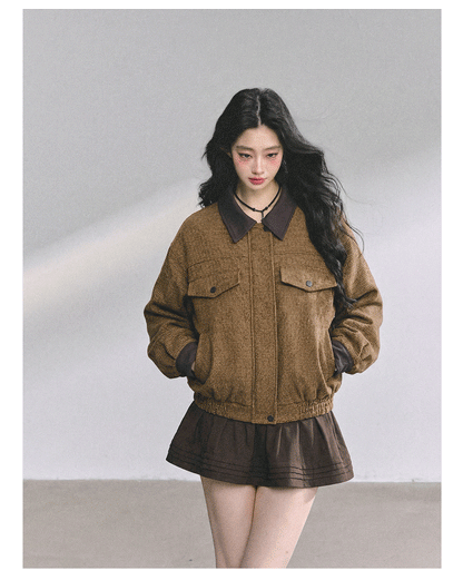 少也眼 "Falling Wutong Leaves" Hepburn Wool Tweed Two-Piece Set - Coffee Brown