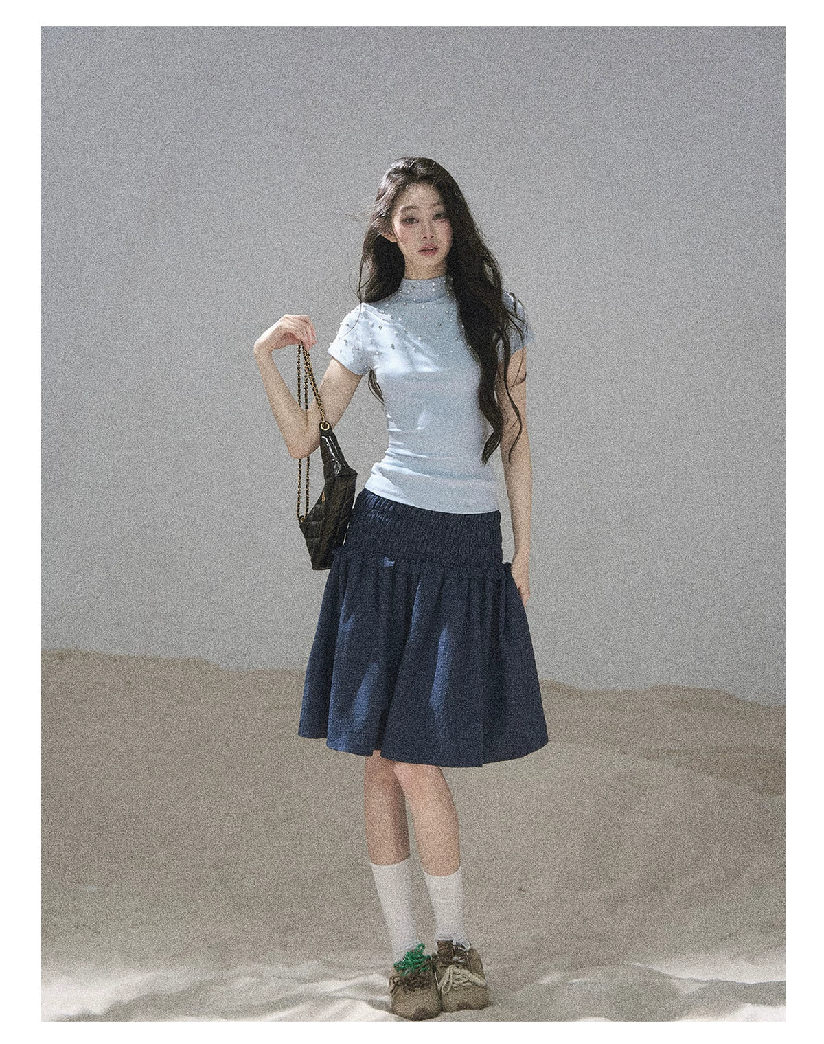 "Scattered Across the Milky Way" Pearl Beaded Knit T-Shirt (Haze Blue/ Sage Gray)