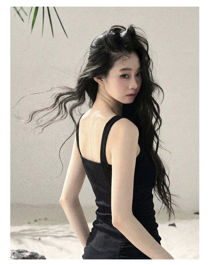 "Between Light and Shadow" Midnight Black Halter Knit Bodycon Mini Dress