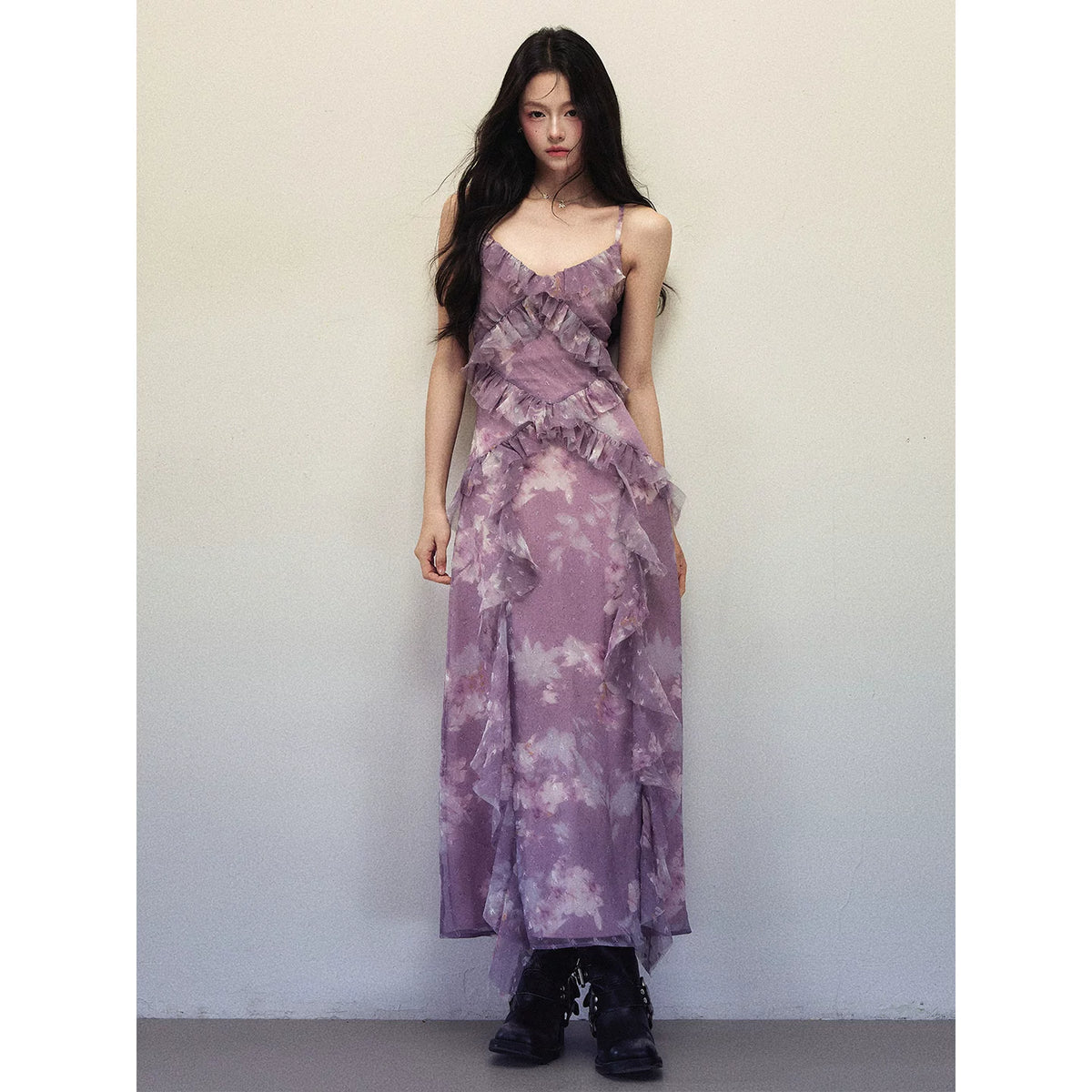 1P - Purple Ombre Floral Ruffle Maxi Dress