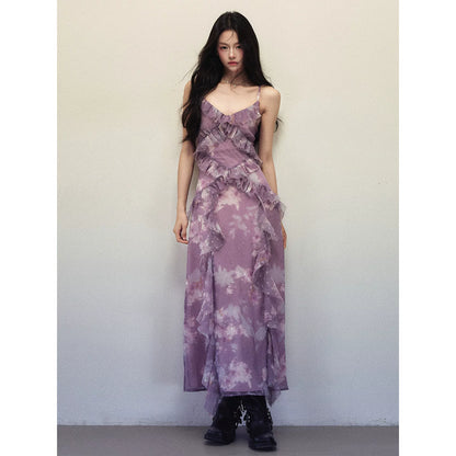 1P - Purple Ombre Floral Ruffle Maxi Dress