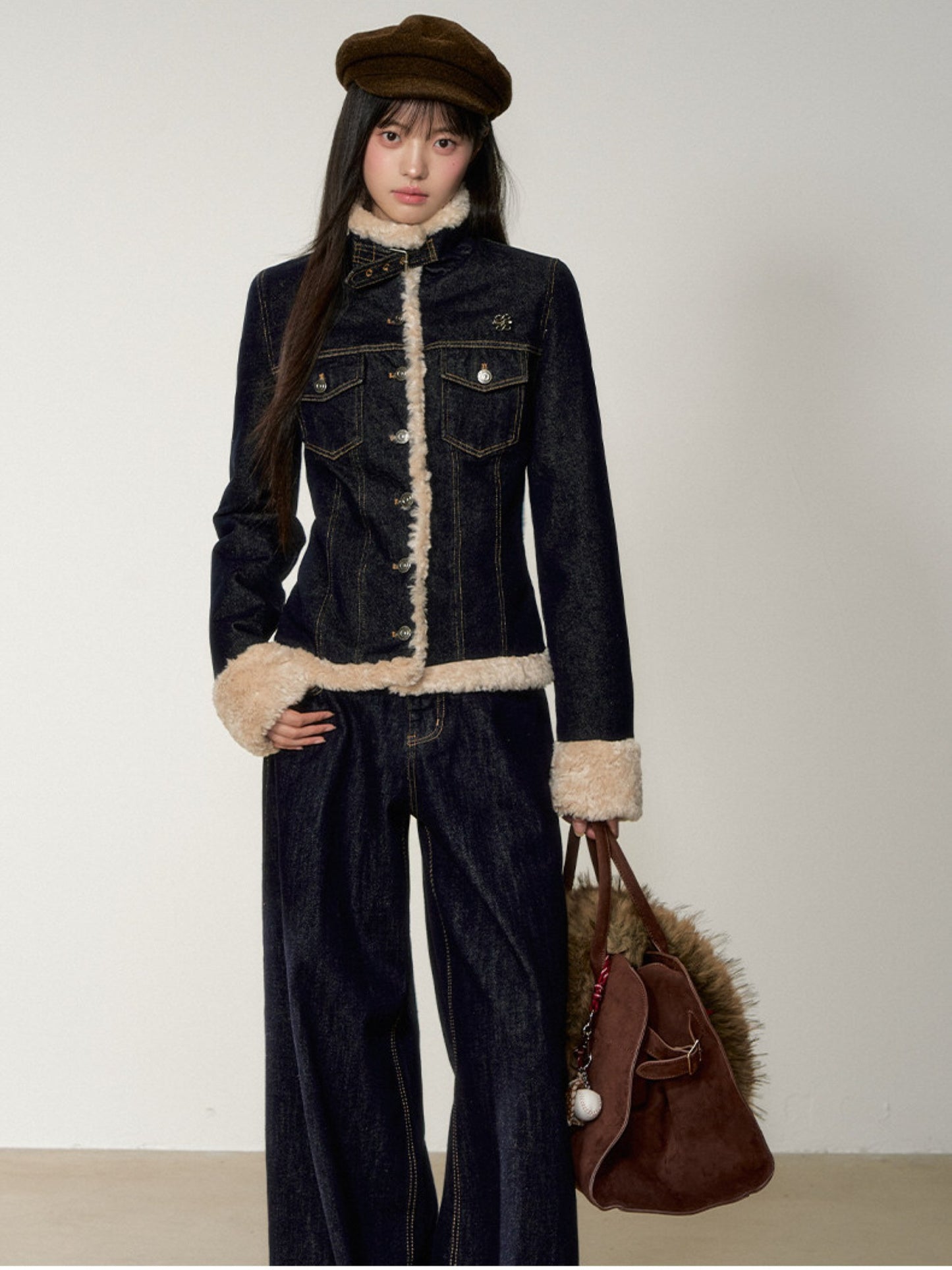 Soote Season - "Raw Denim Muse" Cinched Waist Fur-Trim Denim Down Jacket