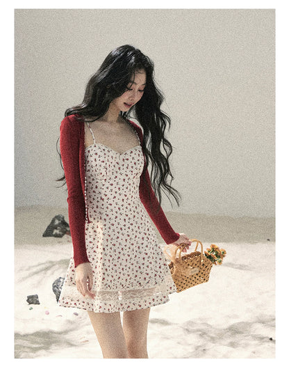 "Blooming Rose Reverie" Cloud White Floral Lace Mini Dress & Burgundy Wine Cardigan 56483