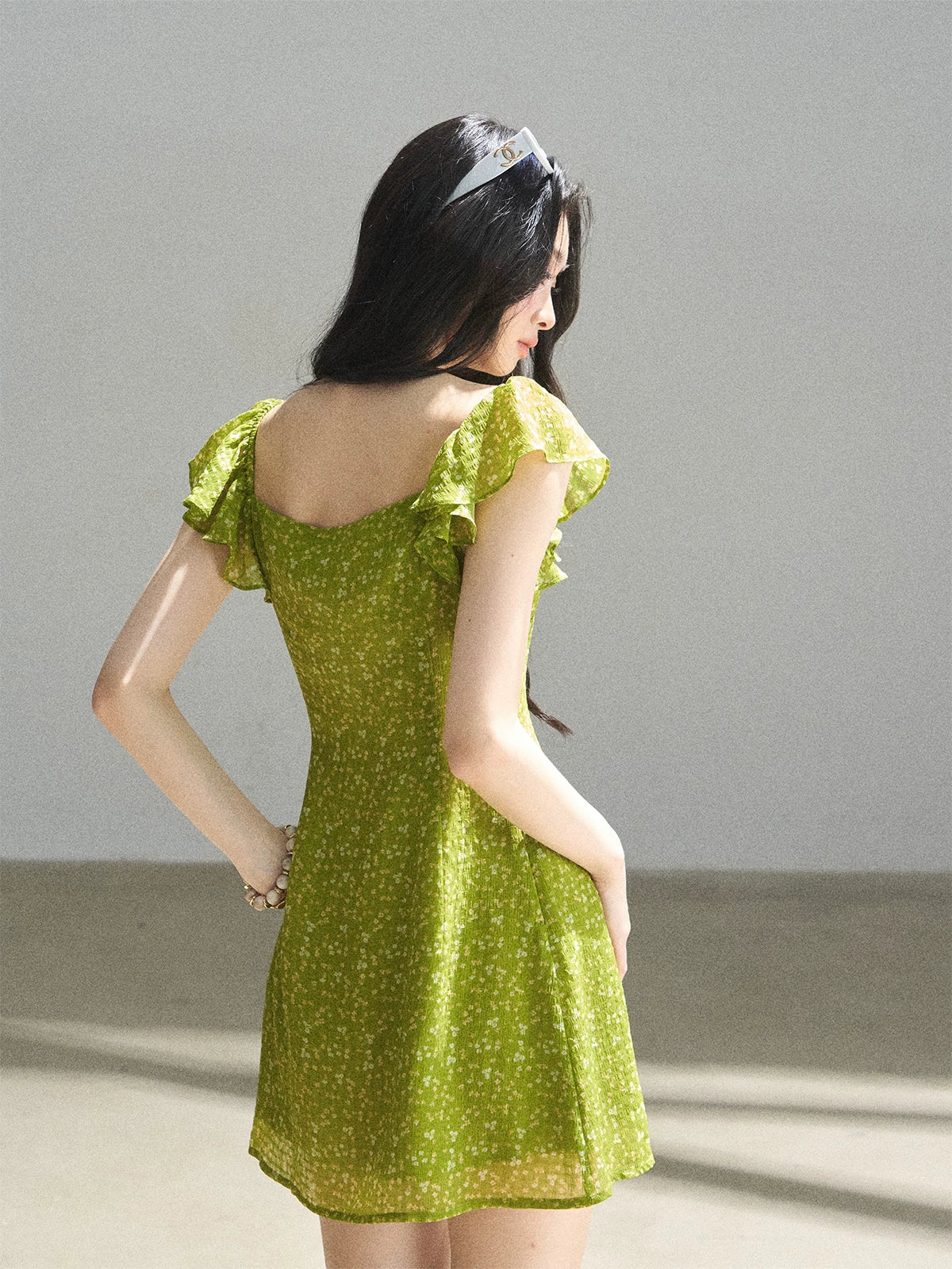 "Emerald Breeze" Primrose Green Floral Chiffon Mini Dress