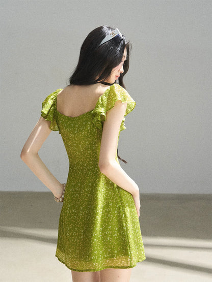 "Emerald Breeze" Primrose Green Floral Chiffon Mini Dress