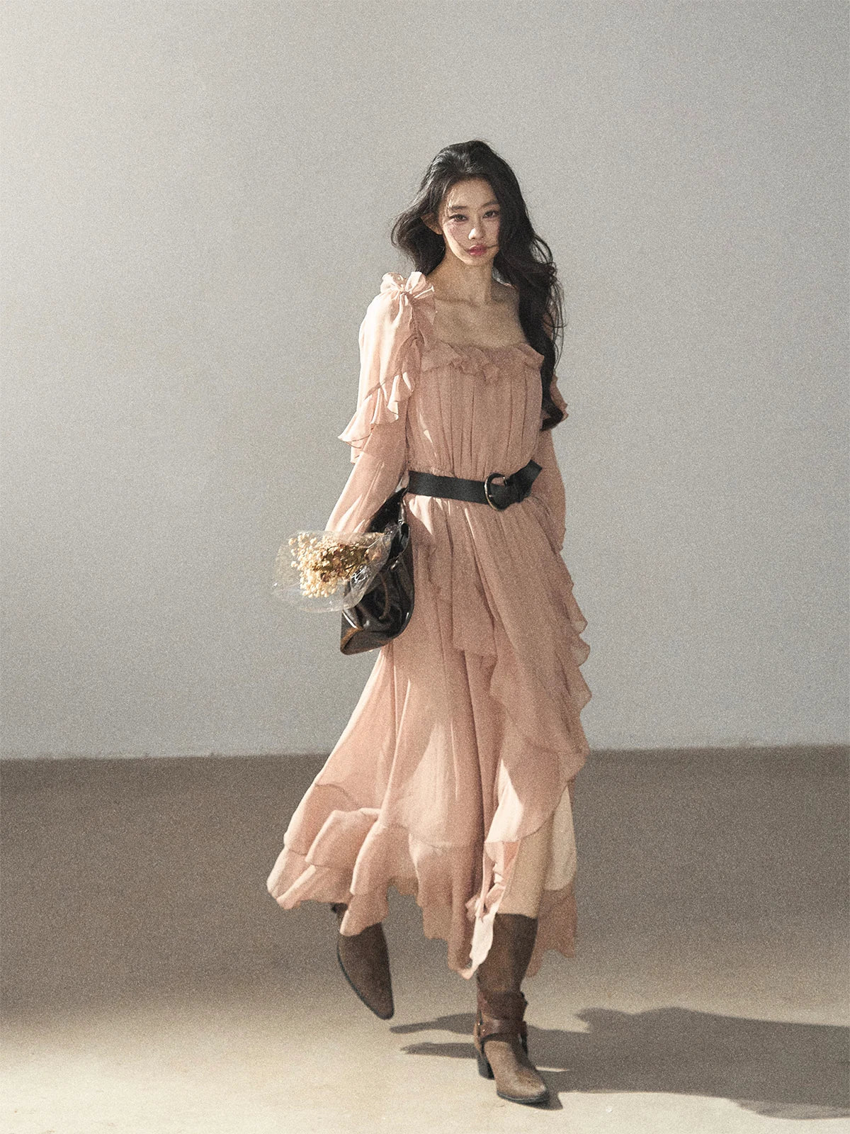 AOMALM - "Waiting for Sunset" Soft Pink French Ruffle Maxi Dress with Belt