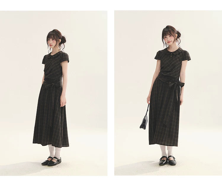 "Vintage Scholar" Black Brown Plaid Bow Tie Peter Pan Collar Maxi Dress