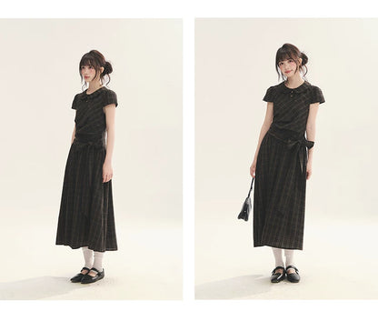 "Vintage Scholar" Black Brown Plaid Bow Tie Peter Pan Collar Maxi Dress