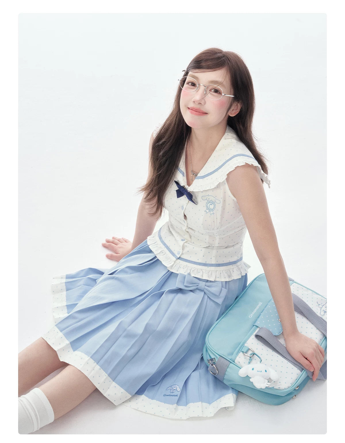 Sleeveless Polka Dot Sailor Collar Shirt & Light Blue Contrast-Trim Skirt
