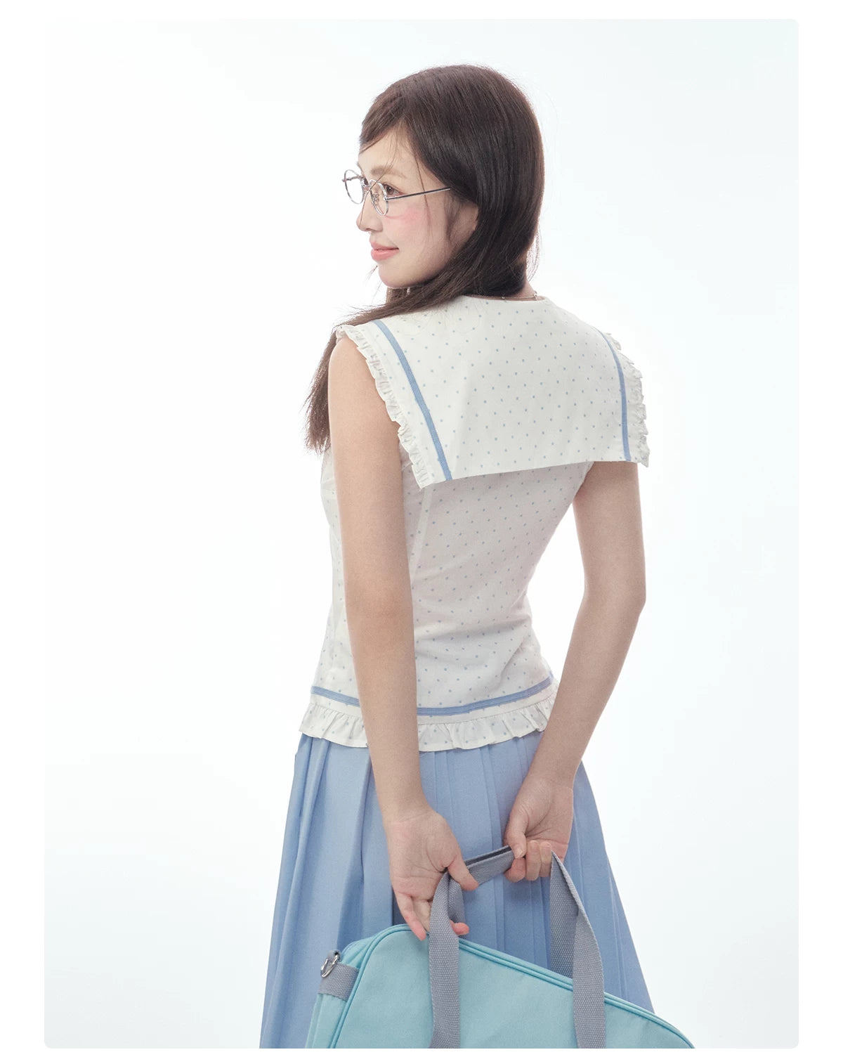 Sleeveless Polka Dot Sailor Collar Shirt & Light Blue Contrast-Trim Skirt