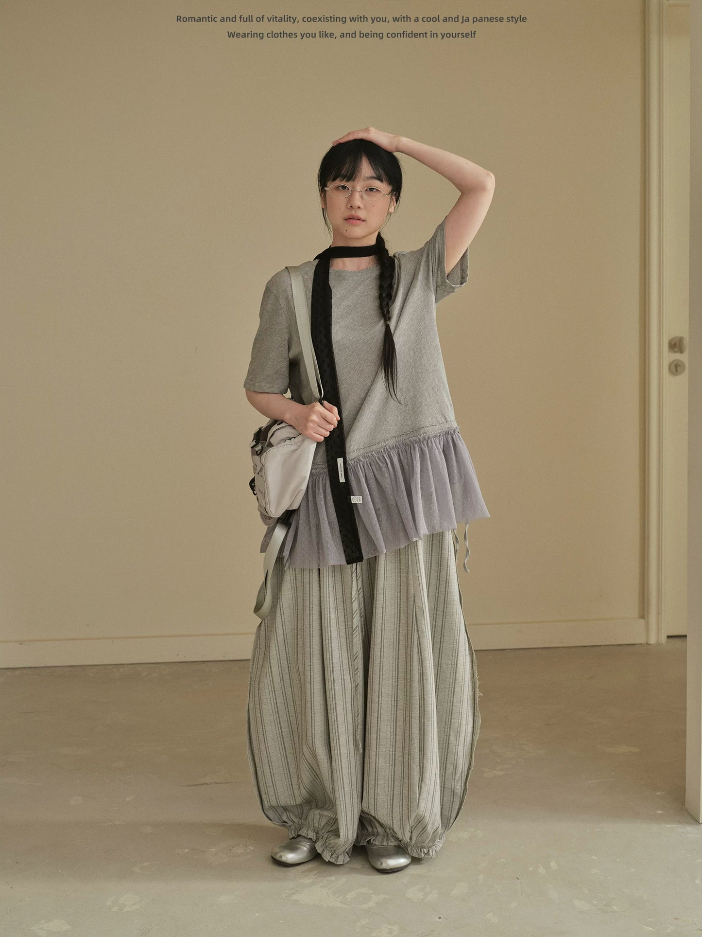 "Vintage Drift" Gray Striped Balloon Wide Leg Trousers
