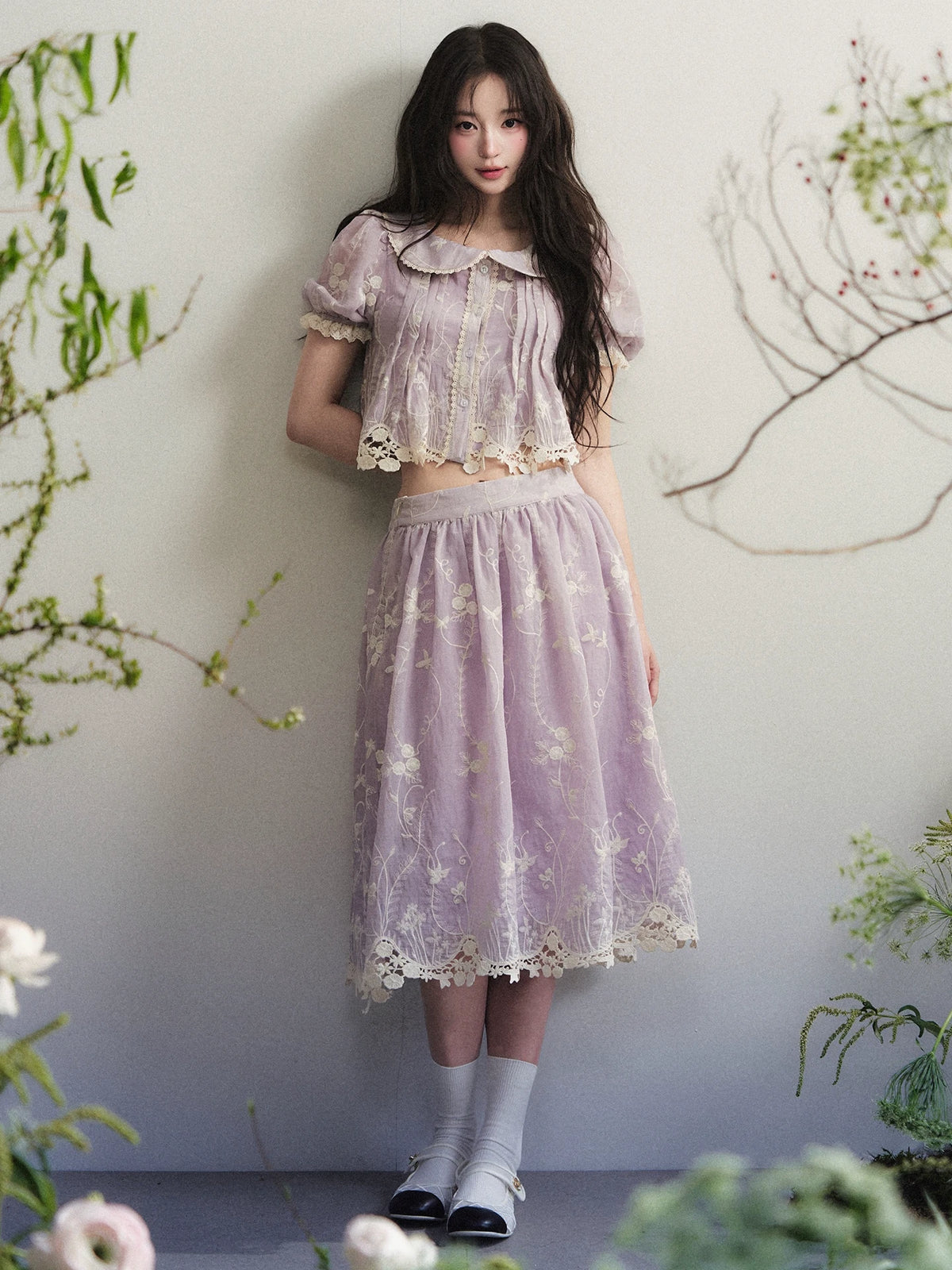 1P - Light Purple Lace Embroidered Peter Pan Collar Two-Piece Set