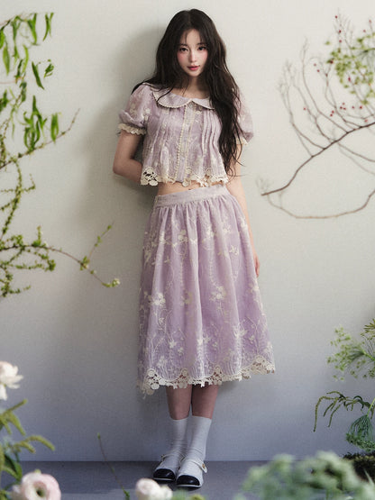 1P - Light Purple Lace Embroidered Peter Pan Collar Two-Piece Set