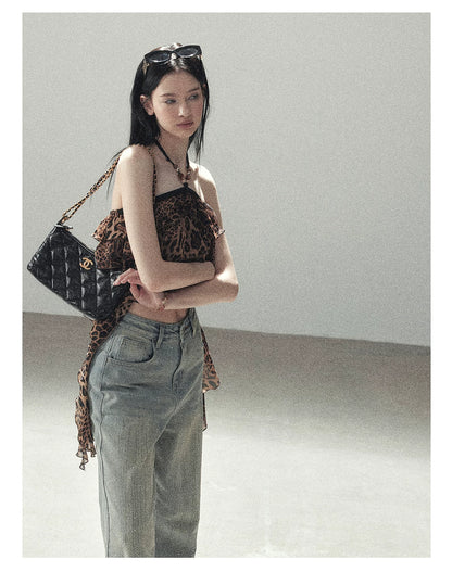 "Chasing the Sunset" Chestnut Brown Leopard Halter Ruffle Crop Top