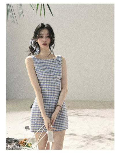 "Sea Breeze Reverie" Sky Blue Embroidered Plaid Mini Dress (With Matching Scrunchie)