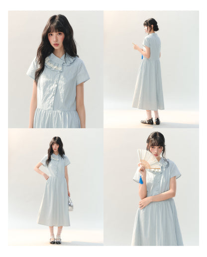 [CAN] "Dawn Island" Blue Puff Sleeve Doll Collar Dress