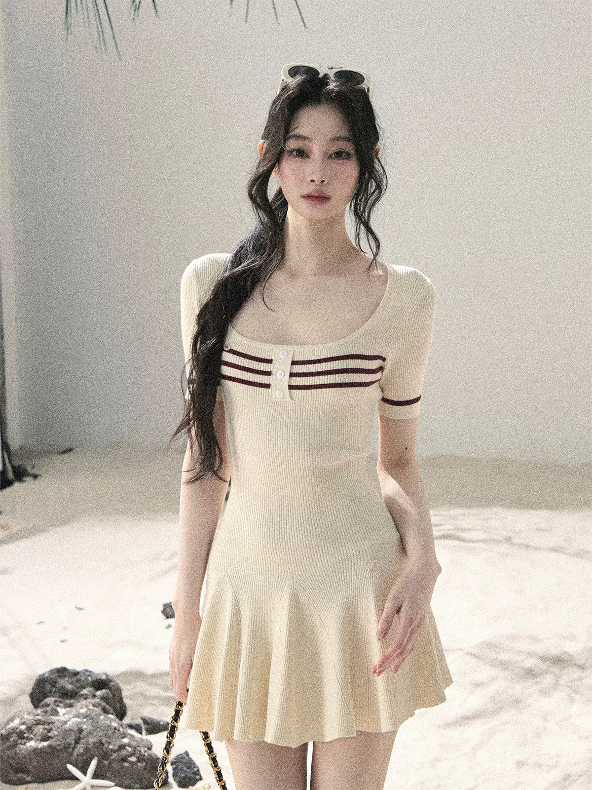 "First Date" Ivory Square Neck Knit Pleated Mini Dress