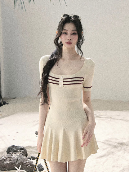 "First Date" Ivory Square Neck Knit Pleated Mini Dress