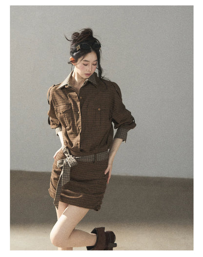 AOMALM - "A Promise Beneath the Oak" Crabapple Brown Plaid Shirt Dress with Belt
