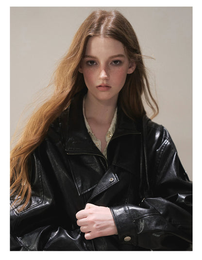 AOMALM - "Solo Journey" Quiet Black Oversized PU Moto Jacket