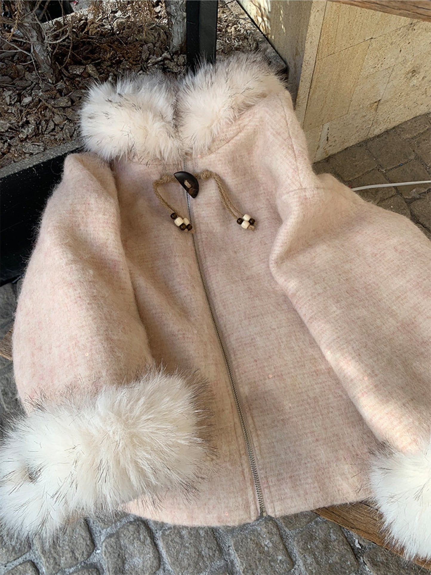 阮阮自制 - Soft Fog Apricot Pink Witch Hooded Wool Coat