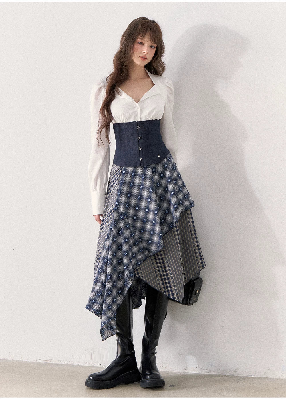 [TMMG] Retro Sweetheart Collar Shirt & Denim Corset Waist Belt Asymmetric Plaid Skirt Set