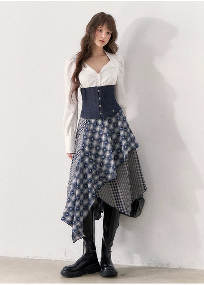 [TMMG] Retro Sweetheart Collar Shirt & Denim Corset Waist Belt Asymmetric Plaid Skirt Set